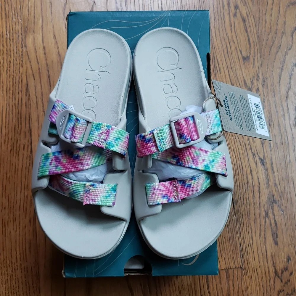 NIB Chaco Chillos Slide Sandal In White Multicolor Tie Dye Kids Size 2